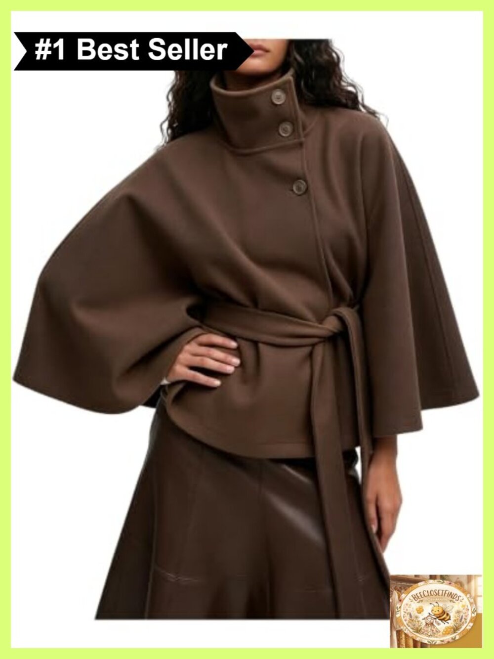 Batwing Sleeve Poncho Cape Coat Belted Wool Blend Oversized Winter